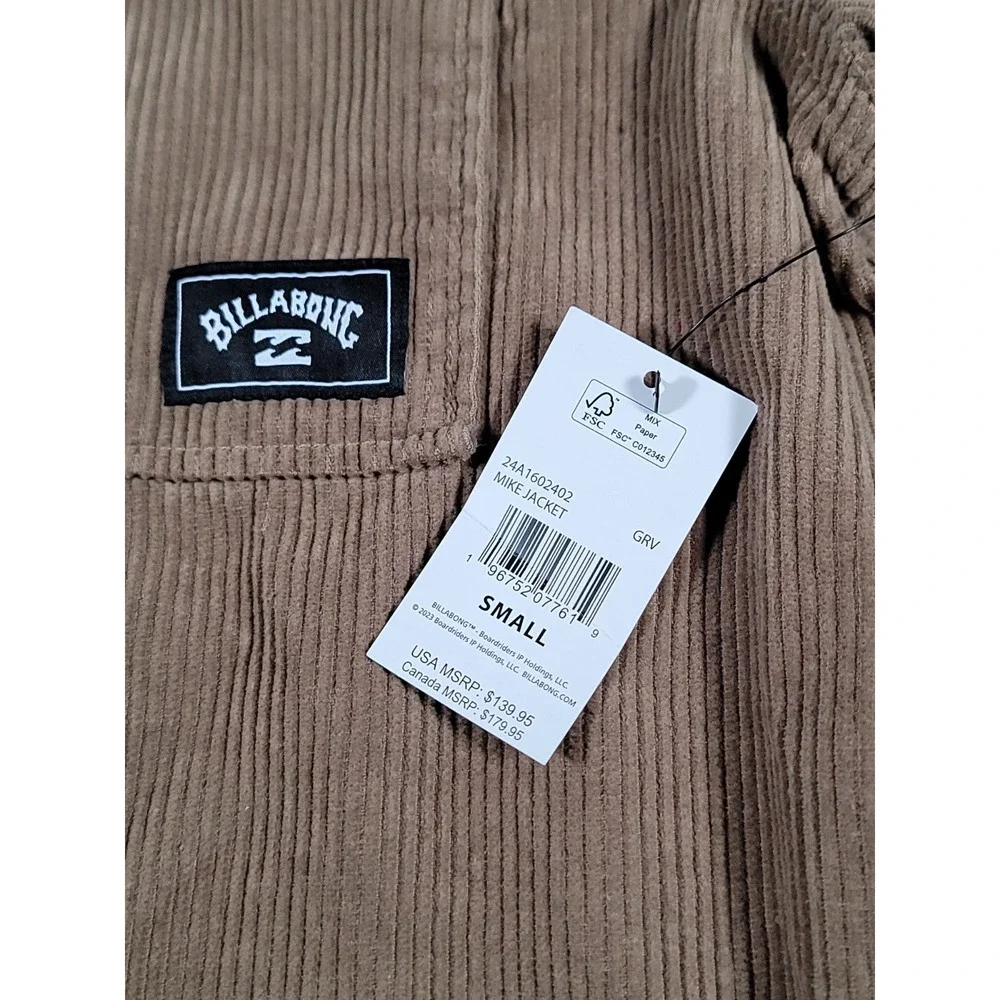 Billabong Corduroy Jacket Small Tan Mens Full Zip Skate Surf Pockets NWT $140